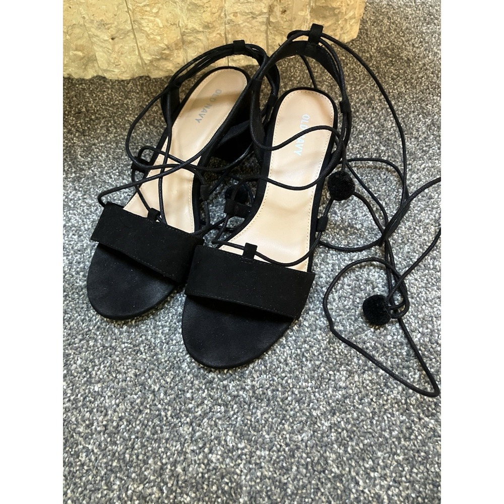 Old Navy Size 7 Black Jack Jas Lace Up Open Toe Block Heel Boho Sandals Women's - Picture 4 of 6